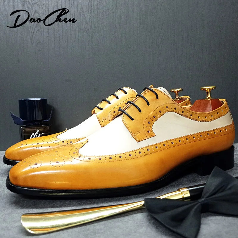 Luxury Brand Men Oxford Shoes Lace Up Pointed Mixed Colors Casual Men Dress Derby Shoes Wedding Office Leather Shoes Men