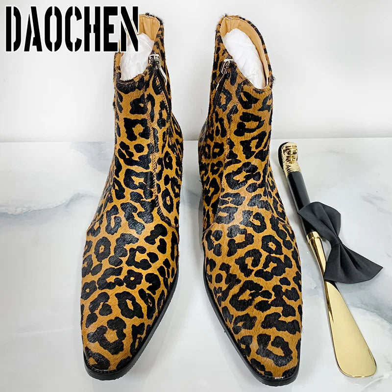 Luxury Men Chelsea Boots Mid-Calf Boots High Grade Leopard Prints Horse Hair Zipper Casual Dress Boots Leather Shoes Men