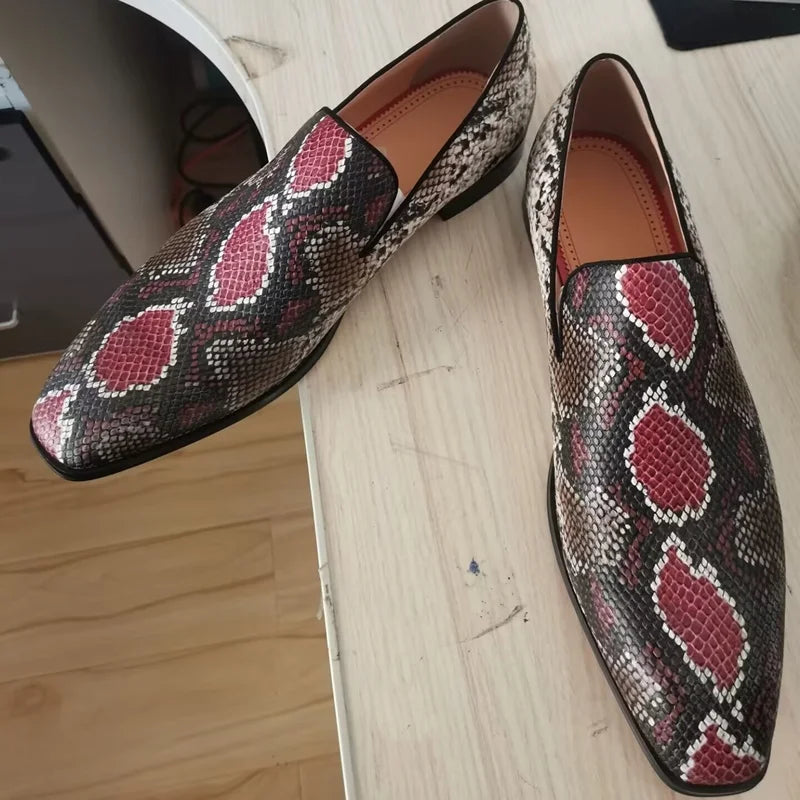 New Fashion Mixed Colors Snake Skin Pattern Loafers Luxury Genuine Leather Shoes For Men Handmade Slip On Flats Dress Shoes