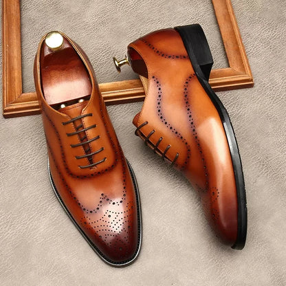 Black Color Men Oxford Shoes Brogues Lace Up Formal Shoes Genuine Leather Wedding Business Carving Dress Shoes Men