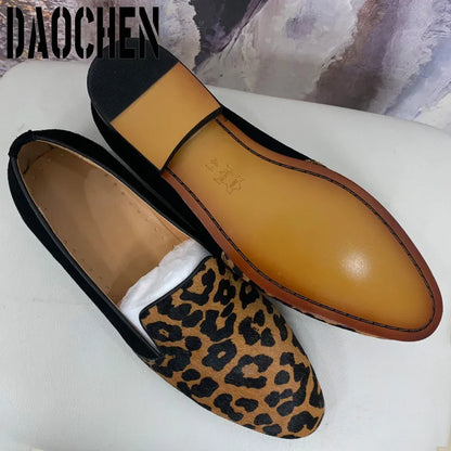 Luxury Men's Loafers Suede Mixed Leopard Shoes Casual Dress Man Shoe Wedding Party Banquet Genuine Leather Shoes For Men