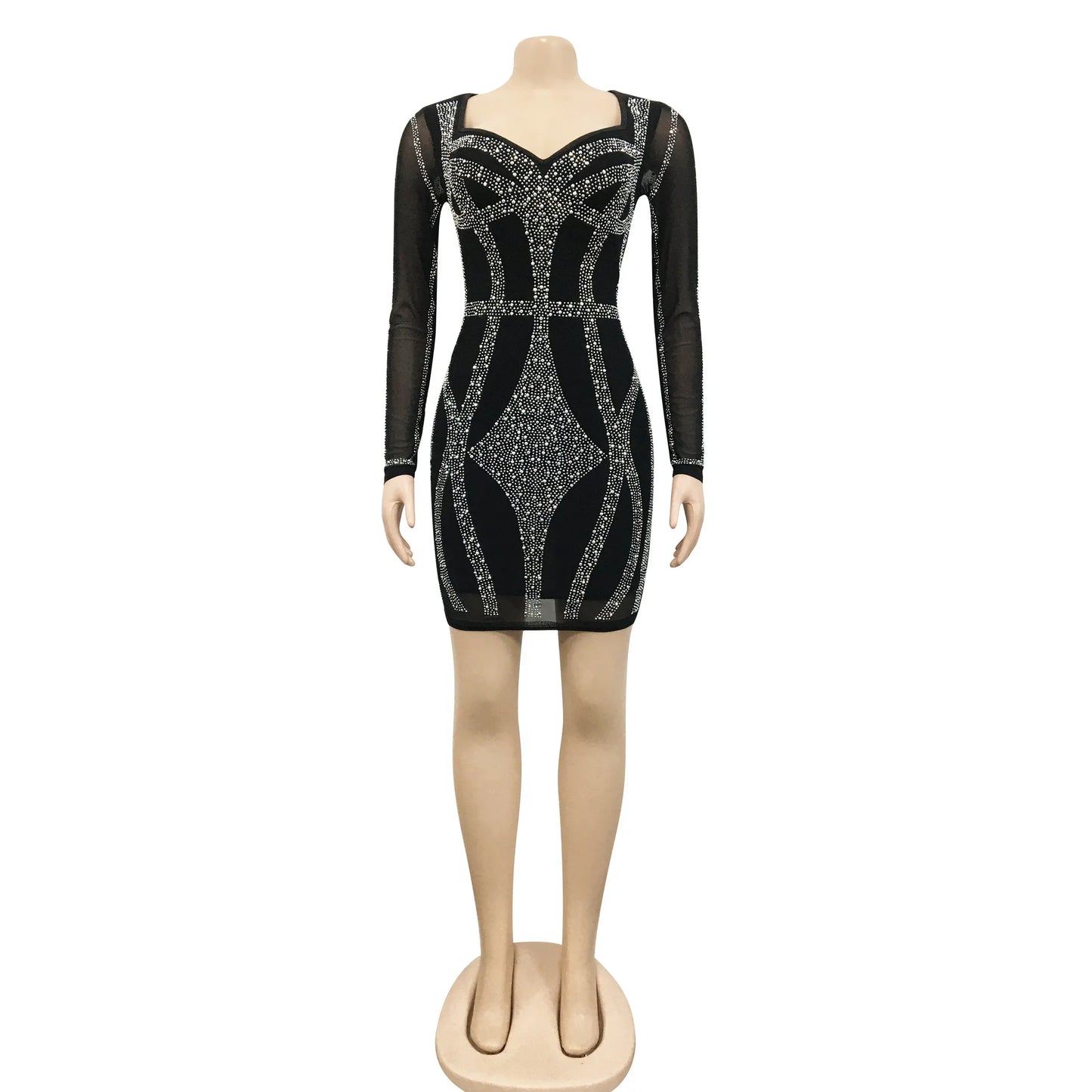 Summer 2022 Women's Sexy Black Rhinestone Sheer Mesh Bodycon Womens Long Sleeve Crystal Party Clubwear Skinny Dresses Vestidos