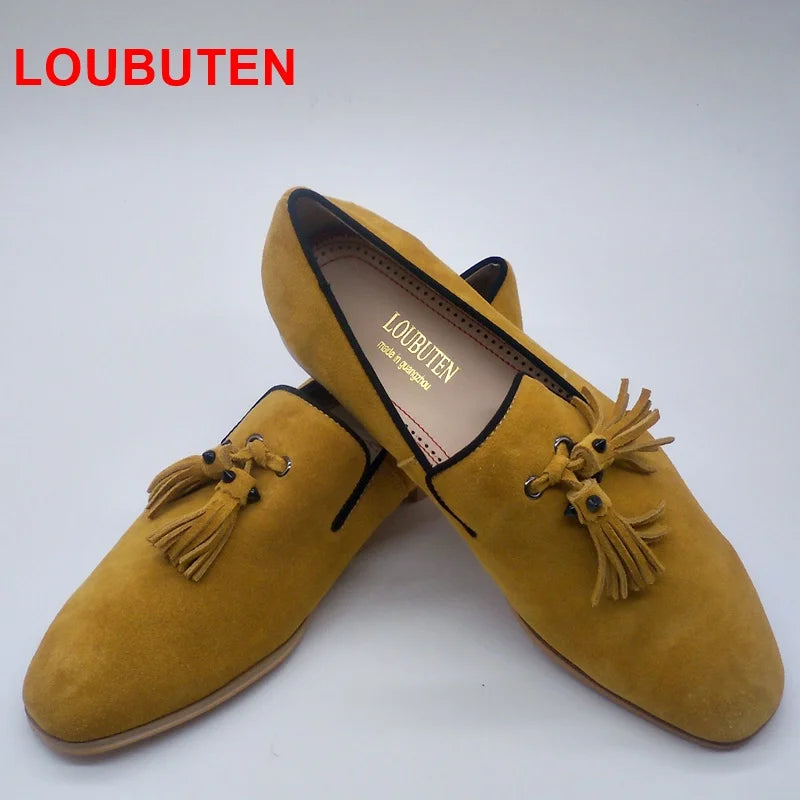 LOUBUTEN New Men Leather Shoes Fashion Yellow Suede Loafers Handmade Tassel Dress Shoes Breathable Summer Casual Shoes