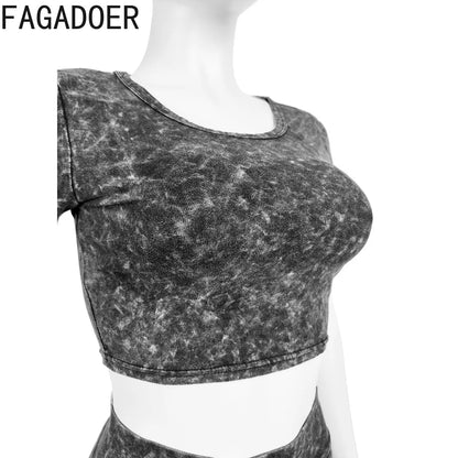 FAGADOER Fashion High Quality Stretch Vintage Tie Dye Biker Shorts Two Piece Sets Women Round Neck Crop Top And Shorts Outfits