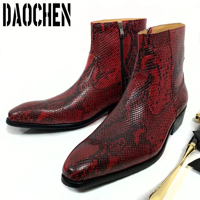 Luxury Brand Men's Boots High Zipper Mid-Calf Boots Slip On Python Casual Shoes Red White Basic Boots Leather Shoes Men