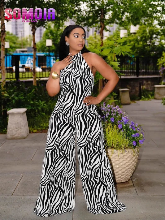 SOMOIA Plus Size Women Wide Leg Jumpsuit Zebra Print Outfits Sexy Backless Halter Jumpsuits Sleeveless Female Summer One Piece