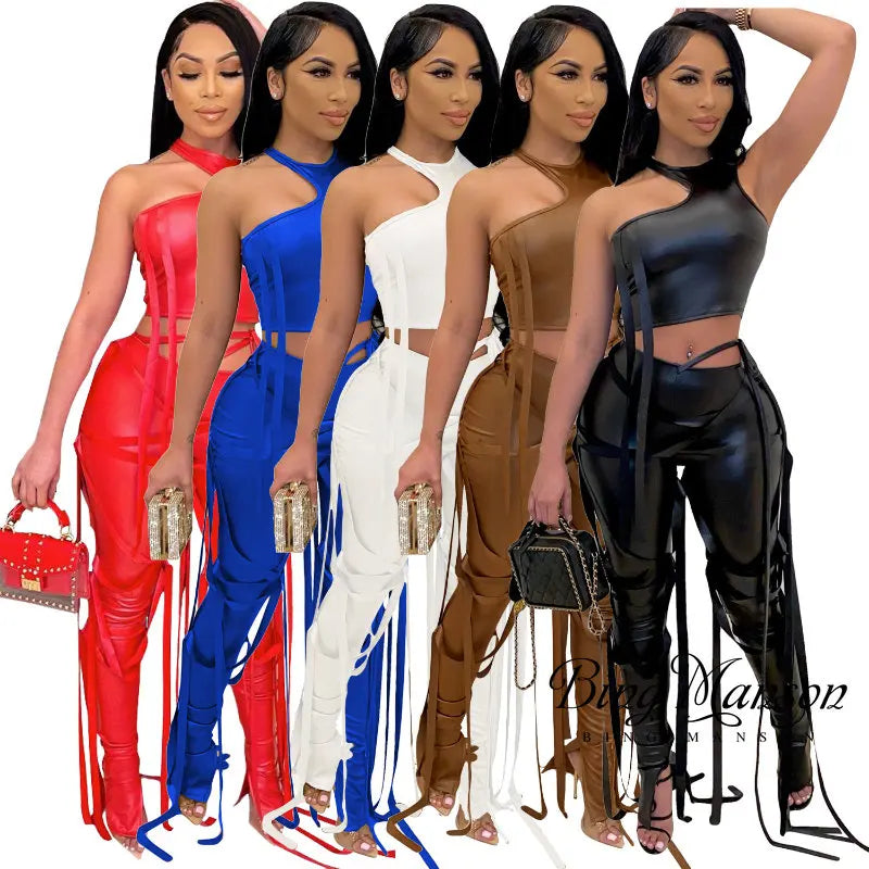 Autumn Solid Leather Women's Pants 2023 High Waist Tight Solid Pencil Pants Strap Asymmetric Pants Two Piece Tank Top Strap Set