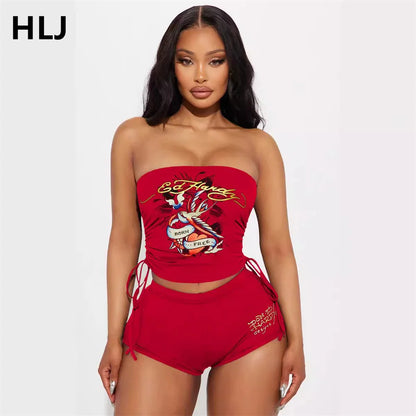 HLJ Fashion Y2K Graffiti Print Tube Two Piece Sets Women Off Shoulder Sleeveless Backless Crop Top And Shorts Outfits Streetwear