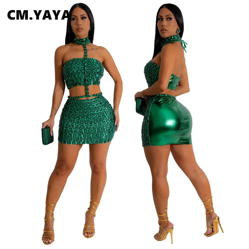 CM.YAYA Women Set Hot Rhinestones Sexy Mini Skirt Suit and Choker Crop Top Strapless Two 2 Piece Set Party Club Night Outfits