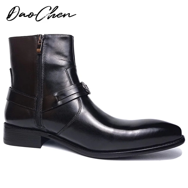 Luxury Men's Boots Zipper Mid-Calf Rock Boots Slip On Casual Dress Shoes Black Brown White Genuine Leather Boots For Men