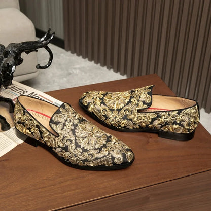 Fashion Gold Floral Embroidery Loafers Luxury Dress Shoes Comfy Slip On Designer Shoes Men's Flats Slippers Casual Shoes