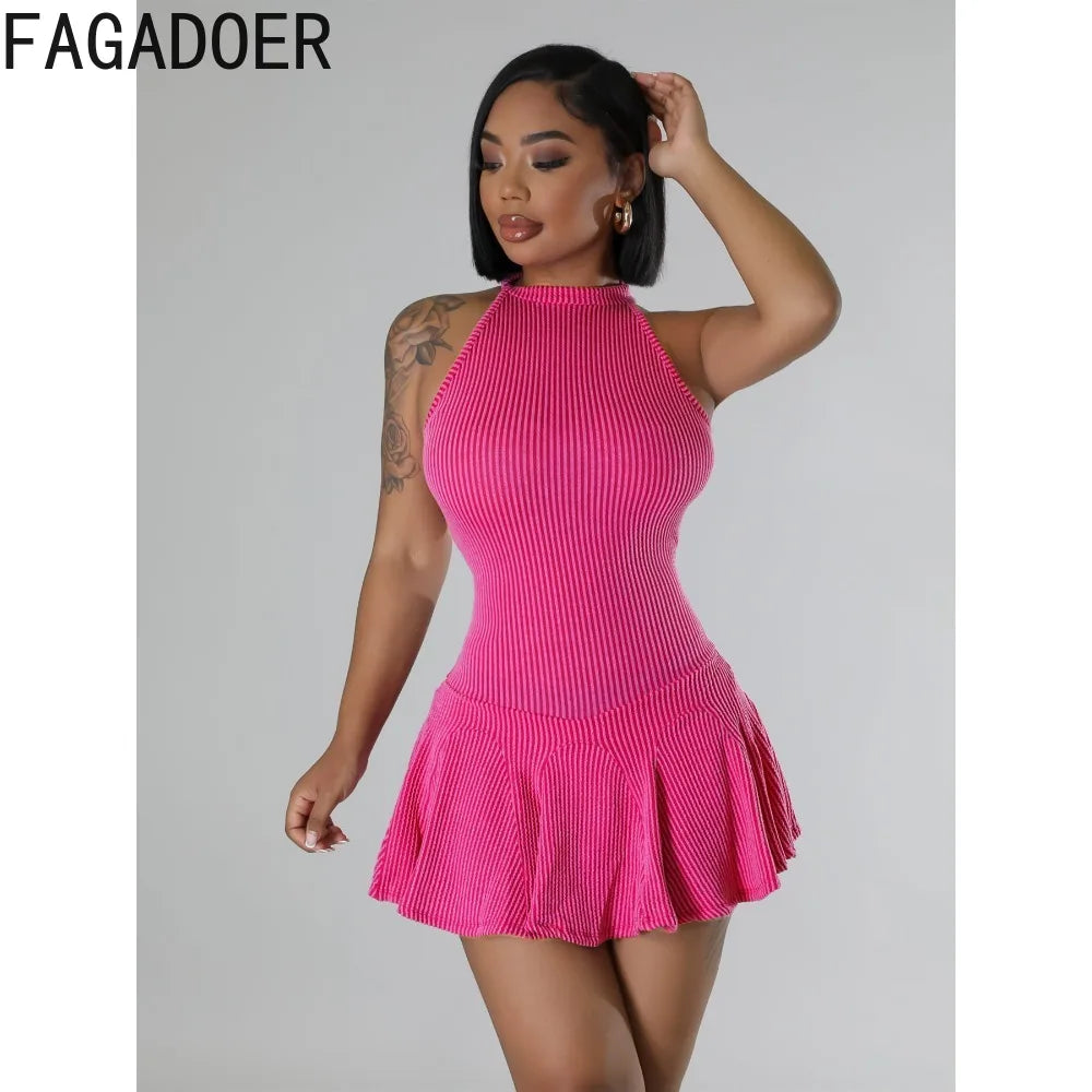 FAGADOER Spring New Solid Color Ribber Pleated Mini Dresses Women Sleeveless Elasticity Slim Vestidos Fashion Female Streetwear