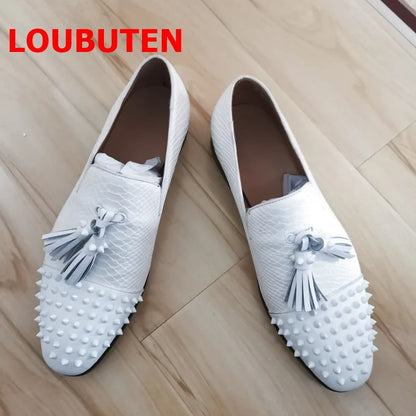 LOUBUTEN Snakeskin Pattern White Loafers With Rivets Genuine Leather Men Tassel Shoes Party Wedding Dress Shoes Red Bottoms