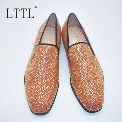 Newest Fashion Gold Rhinestone Loafers Handmade Men Dress Shoes Luxury Brand Leather Shoes Designer Men's Flats Wedding Shoes