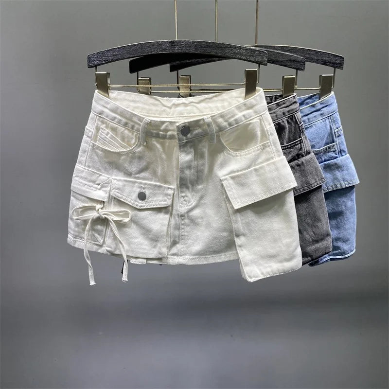 Irregular Pocket Cargo Denim Skirt Women Clothing Summer Fashion 2023 Sexy A-line Hip Skirts Female Bottoms Club Streetwear