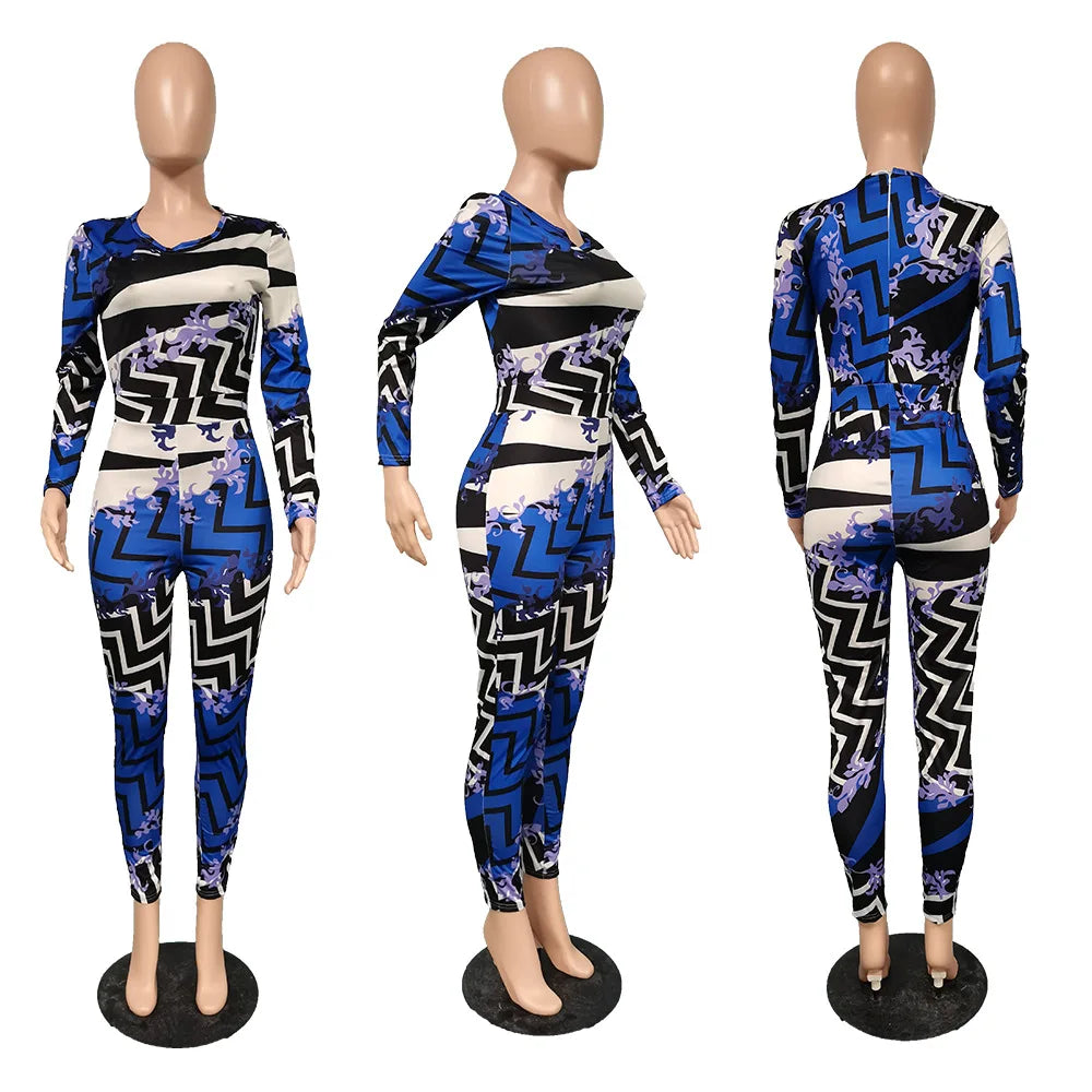 Ladies Nightclub Beautiful Commuter Pants Set Spring Printed Long Sleeve O-neck T-shirt & Slim Leggings