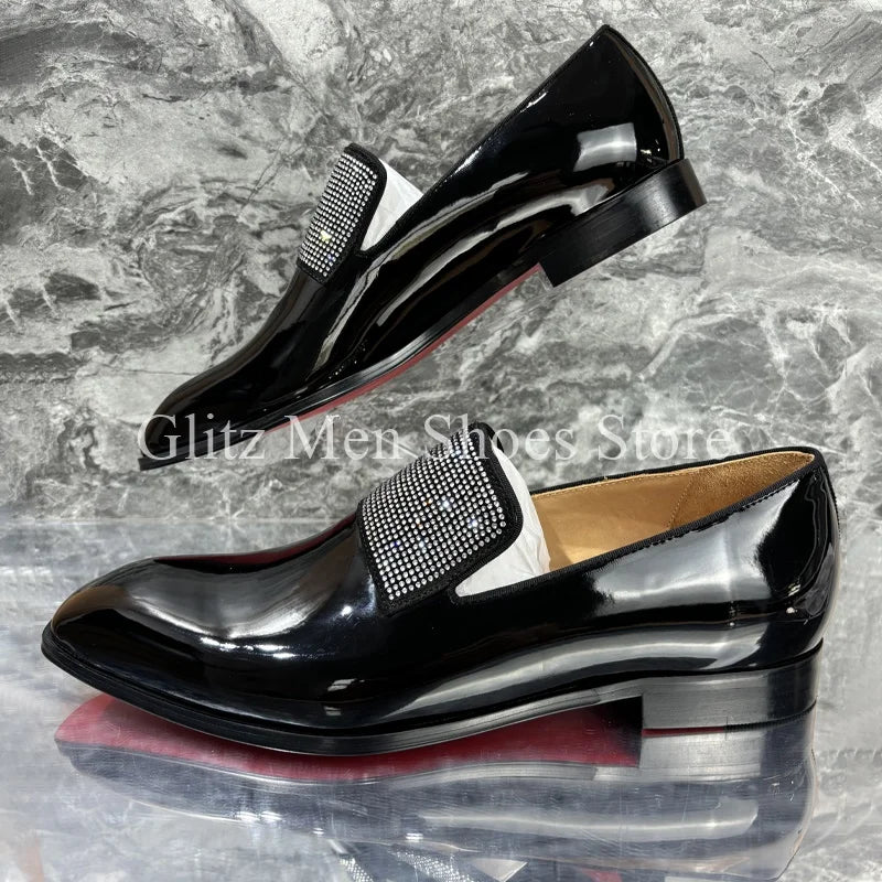 New Rhinestone Black Leather Shoes Glossy Small Square Toe Loafers Business Dress Men's Leather Shoes Formal Wedding Shoes