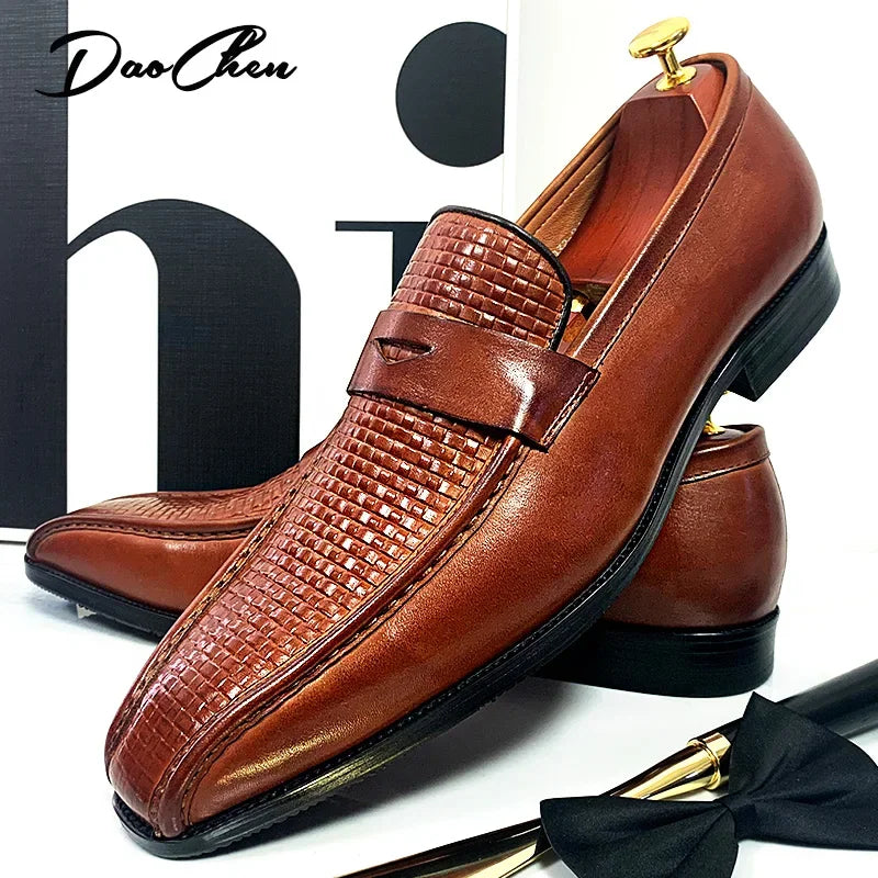 Luxury Brand Men's Leather Shoes Black Brown Prints Pointed Toe Casual Mens Dress Shoes Wedding Office Penny Loafers Men