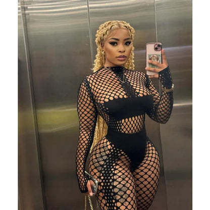 Sexy Hollow Out Mesh Women 2 Piece Set Solid Black Skinny Mock Neck Outfits 2024 Spring See Through Night Club Party Wear