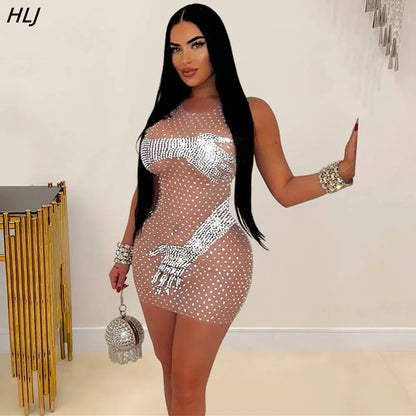 HLJ Sexy Mesh Perspective Rhinestone Bodycon Party Club Mini Dresses Women Round Neck Sleeveless Slim Vestidos Fashion Clothing