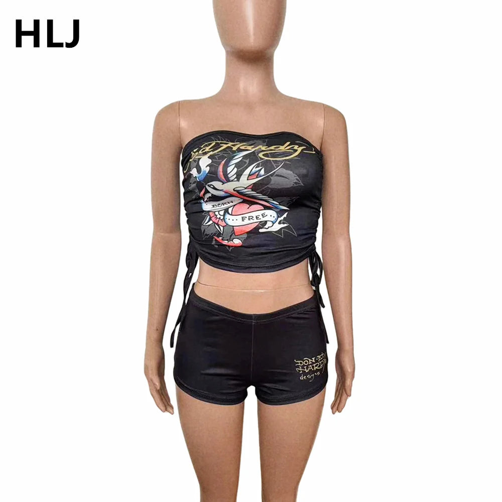 HLJ Fashion Y2K Graffiti Print Tube Two Piece Sets Women Off Shoulder Sleeveless Backless Crop Top And Shorts Outfits Streetwear