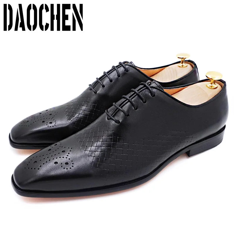 Italian Brand Men's Dress Shoes Lace Up Black Brown Weave Genuine Leather Mens Shoes Wedding Office Oxford Shoes For Men