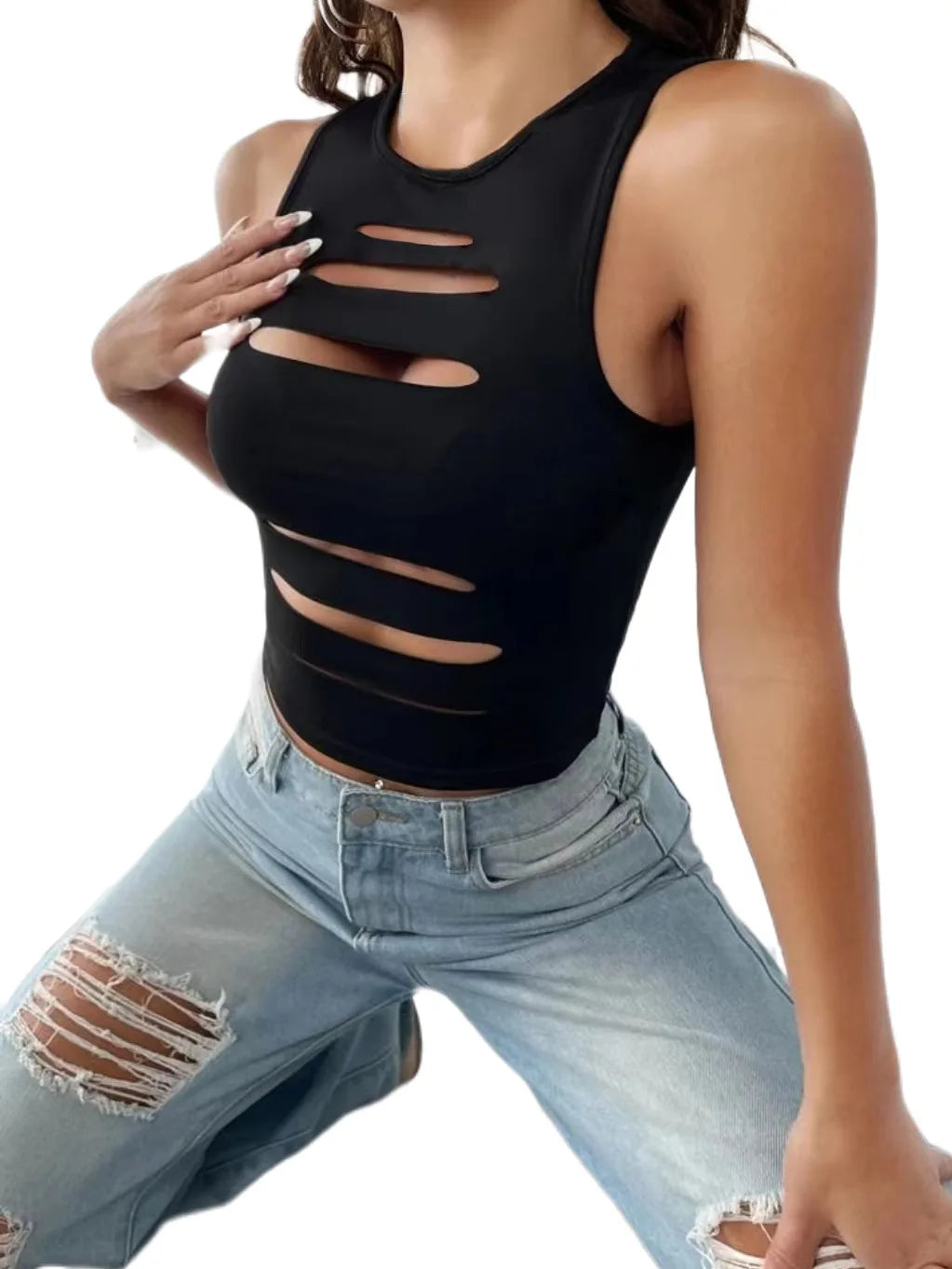 Cut Out Slim Tank Top Women's Summer Slim Fit Y2K Solid ArmyGreen Sleeveless Round Neck Cutout Crop Tank Top Cool Bodycon Women