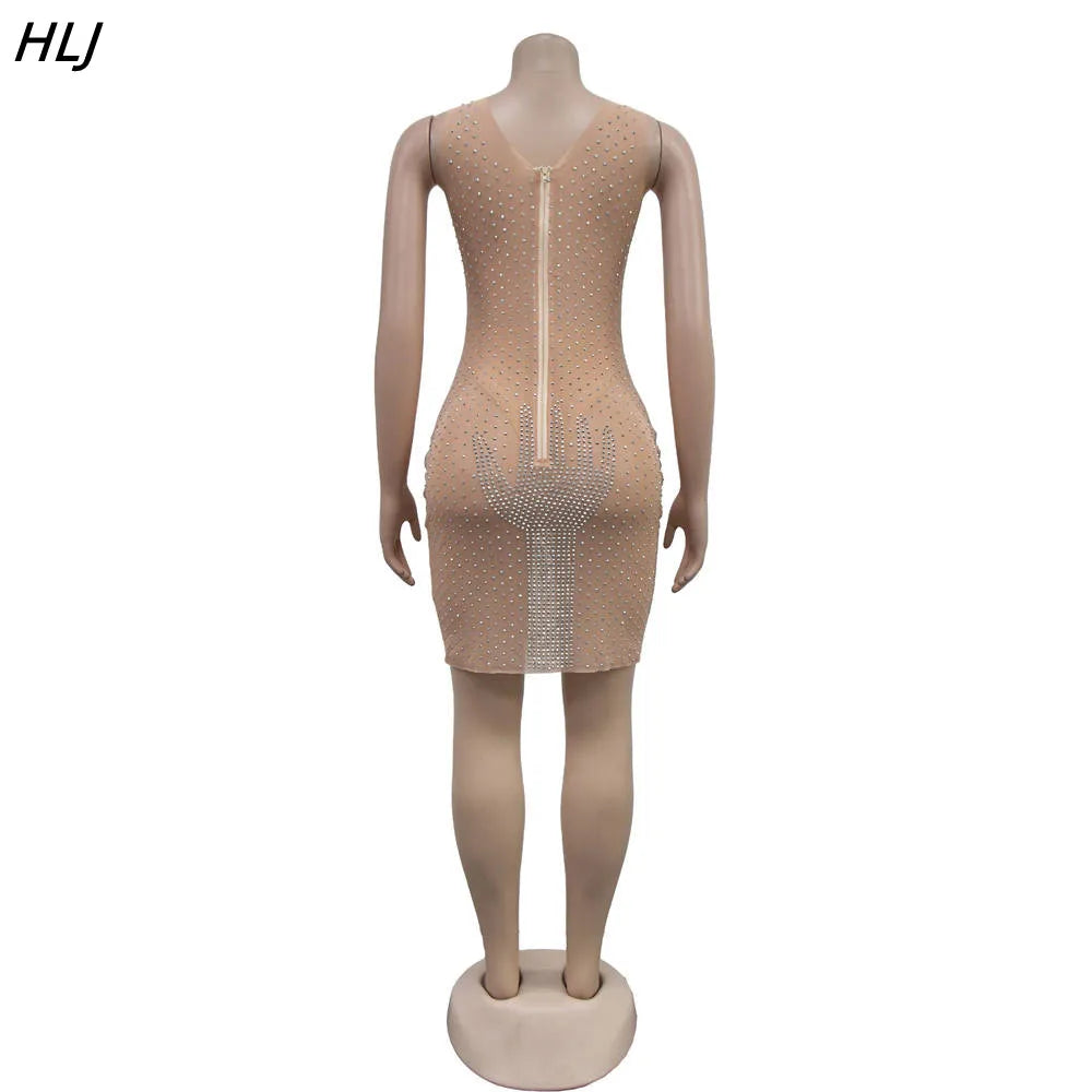 HLJ Sexy Mesh Perspective Rhinestone Bodycon Party Club Mini Dresses Women Round Neck Sleeveless Slim Vestidos Fashion Clothing