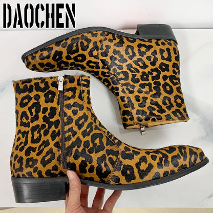 Luxury Men Chelsea Boots Mid-Calf Boots High Grade Leopard Prints Horse Hair Zipper Casual Dress Boots Leather Shoes Men