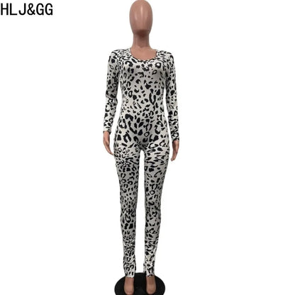 HLJ&GG Sexy Backless Lace Up Leopard Bodycon Jumpsuits Women O Neck Long Sleeve Skinny Pants One Piece Playsuits Fashion Overall