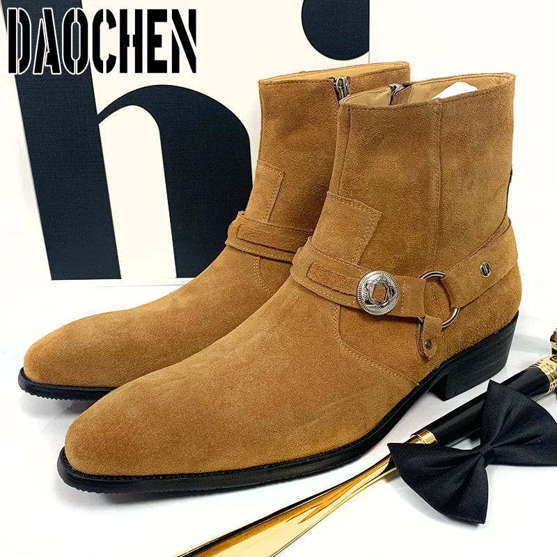 Luxury Men Ankle Boots Shoes High Zipper Chelsea Boots Slip On Leather Shoes Casual Men Dress Shoes Suede Men's Boots