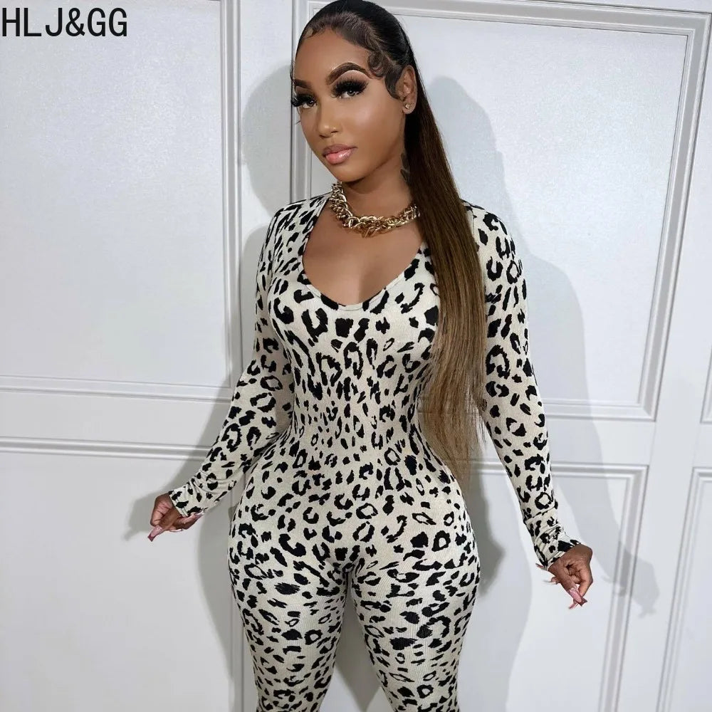 HLJ&GG Sexy Backless Lace Up Leopard Bodycon Jumpsuits Women O Neck Long Sleeve Skinny Pants One Piece Playsuits Fashion Overall