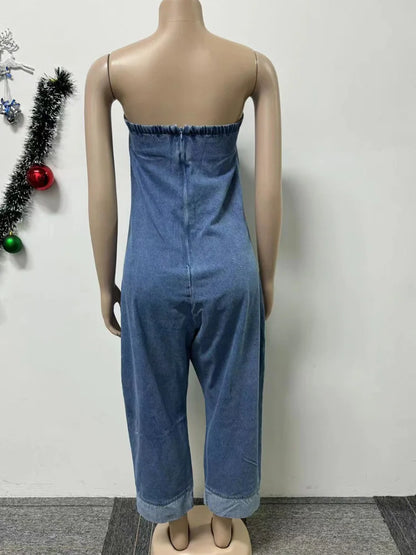 Kricesseen Runway Denim Patchwork Bandeau Jumpsuits One Piece Outfits Women's Bomb Jeans Harem Jumper Night Clubwear Outfits