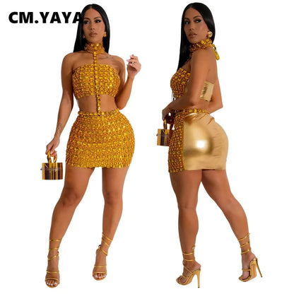 CM.YAYA Women Set Hot Rhinestones Sexy Mini Skirt Suit and Choker Crop Top Strapless Two 2 Piece Set Party Club Night Outfits