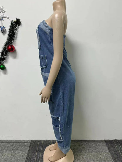 Kricesseen Runway Denim Patchwork Bandeau Jumpsuits One Piece Outfits Women's Bomb Jeans Harem Jumper Night Clubwear Outfits