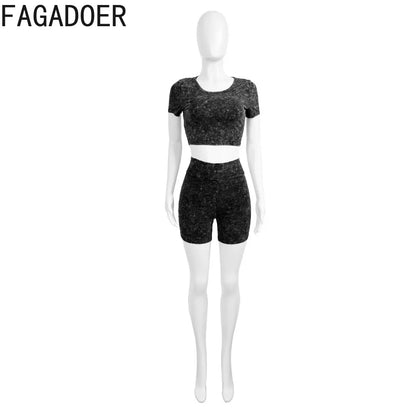 FAGADOER Fashion High Quality Stretch Vintage Tie Dye Biker Shorts Two Piece Sets Women Round Neck Crop Top And Shorts Outfits