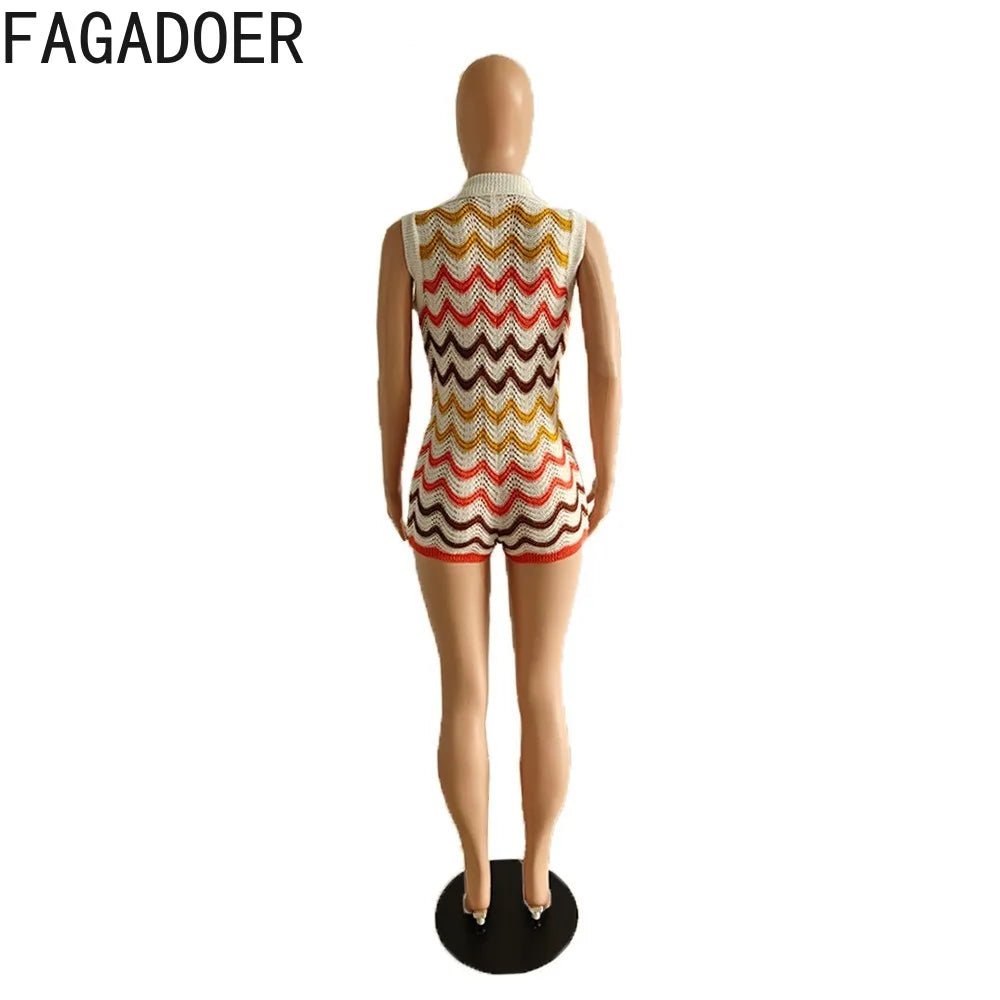 FAGADOER Summer New Stripe Printing Knitting Rompers Women V Neck Button Sleeveless Bodycon Jumpsuits Fashion Slim Overalls 2024