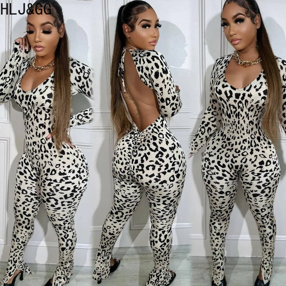 HLJ&GG Sexy Backless Lace Up Leopard Bodycon Jumpsuits Women O Neck Long Sleeve Skinny Pants One Piece Playsuits Fashion Overall