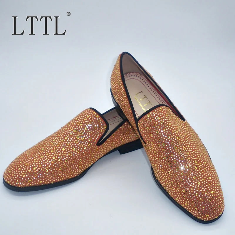 Newest Fashion Gold Rhinestone Loafers Handmade Men Dress Shoes Luxury Brand Leather Shoes Designer Men's Flats Wedding Shoes