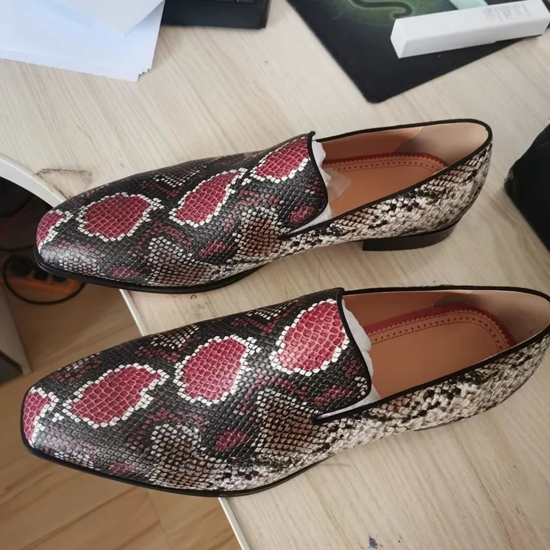 New Fashion Mixed Colors Snake Skin Pattern Loafers Luxury Genuine Leather Shoes For Men Handmade Slip On Flats Dress Shoes