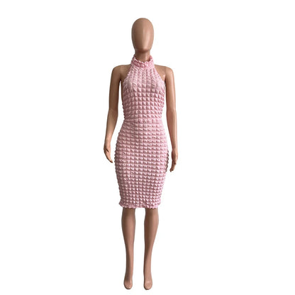 Popcorn Halter Women Backless Bodycon Midi Dress 2023 Summer Solid Sexy Sleeveless Casual Party Dresses Slim Stacked Vestidos