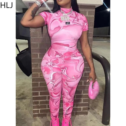 HLJ Pink Fashion Y2K Printing Backless Bodycon Jumpsuits Women Round Neck Short Sleeve Slim Playsuits Female Zipper Streetwear