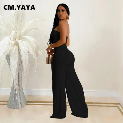 CM.YAYA Women Wide Leg Deep V-Neck Sleeveless Jumpsuits 2024 Summer Hollow Out Night Street Club Playsuit One Piece Suit Romper