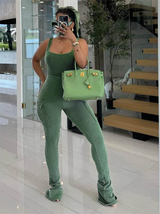 Casual 2 Two Piece Sets Women Sleeveless Bodycon Bodysuit Top+High Waist Pants Suits Fashion Green elastic Matching Outfits 2024