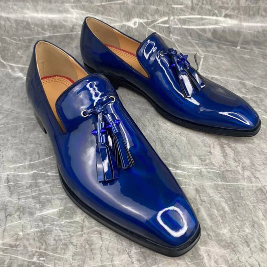 Blue Bright Leather Shoes Men Tassel Loafers Luxury Mens Patent Leather Dress Shoes Summer Designer Flats Business Casual Shoes