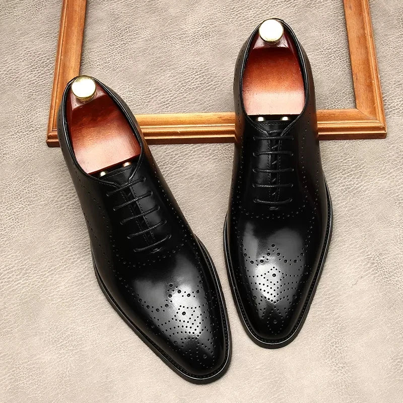 Black Color Men Oxford Shoes Brogues Lace Up Formal Shoes Genuine Leather Wedding Business Carving Dress Shoes Men