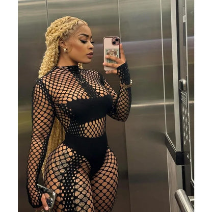 Sexy Hollow Out Mesh Women 2 Piece Set Solid Black Skinny Mock Neck Outfits 2024 Spring See Through Night Club Party Wear