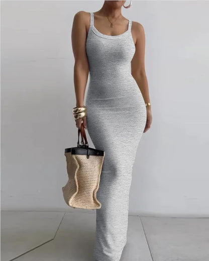 Women's Dresses 2024 Summer Fashion Textured U-Neck Sleeveless Casual Plain Skinny Daily Maxi Dress Woman Clothes