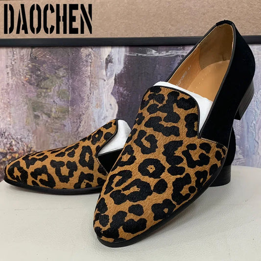 Luxury Men's Loafers Suede Mixed Leopard Shoes Casual Dress Man Shoe Wedding Party Banquet Genuine Leather Shoes For Men