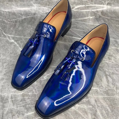 Blue Bright Leather Shoes Men Tassel Loafers Luxury Mens Patent Leather Dress Shoes Summer Designer Flats Business Casual Shoes